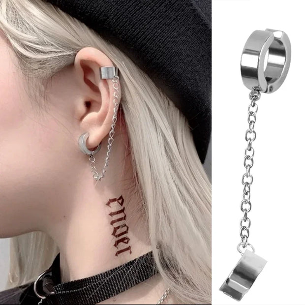 1Pc Titanium Steel Ear Cuff Clip Dangle Drop Chain Earrings for Men Women Punk Rock Goth Cool Hip Hop Kpop Earring