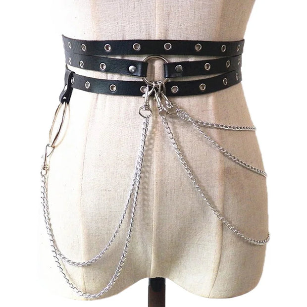 1Pc Unisex Female Leather Skirt Belts Punk Gothic Rock Harness Waist Metal Chain Body Hollow Belt Accessories For Lady