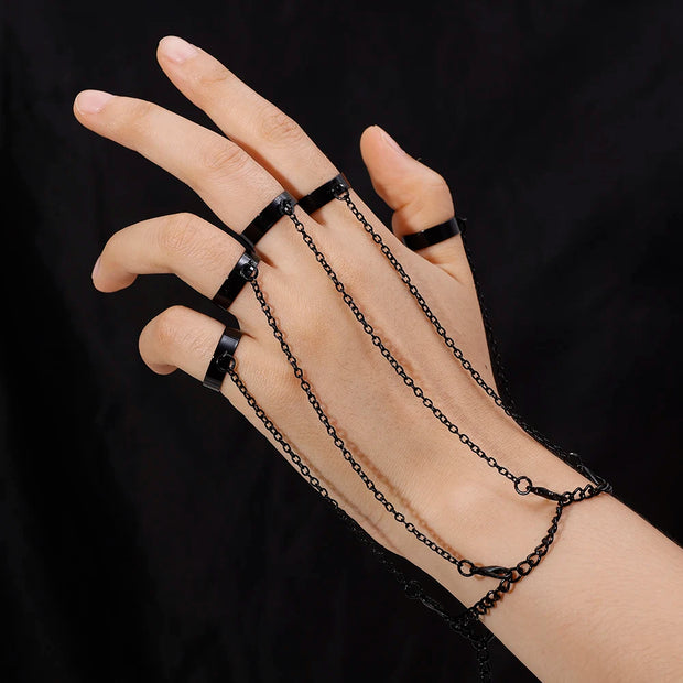 Gothic black multi-finger chain ring with dark aesthetic design