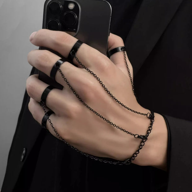 Gothic black multi-finger chain ring with punk and dark aesthetic design