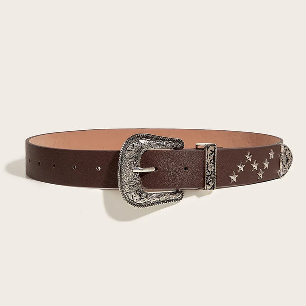 Western Star Studded Belt – Brown Leather Belt with Silver Buckle for Gothic and Alternative Fashion