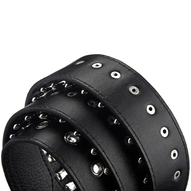 Women Men Waist Belt Punk Bullets Rivet Studded Imitation Leather Belt Hip Hop Rivet Belt for Jeans Black - black