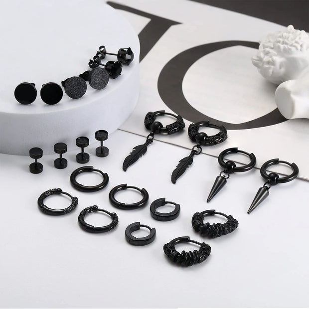 Black Hoop Earrings with Spike Pendants - earring