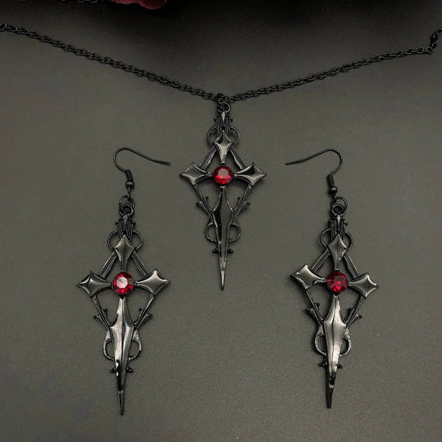 Black Pointed Cross Vampire Necklace Gothic Cross Earrings Statement Necklace Cross Pendant Gothic Gift, - 3