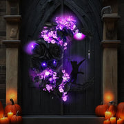 Black Rose & Cat-Inspired Crescent Halloween Wreath – Mystical Door Decor - BlackPurple - wall decorations