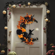 Black Rose & Cat-Inspired Crescent Halloween Wreath – Mystical Door Decor - BlackOrange - wall decorations