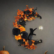 Black Rose & Cat-Inspired Crescent Halloween Wreath – Mystical Door Decor - wall decorations