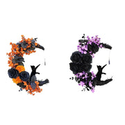 Black Rose & Cat-Inspired Crescent Halloween Wreath – Mystical Door Decor - wall decorations