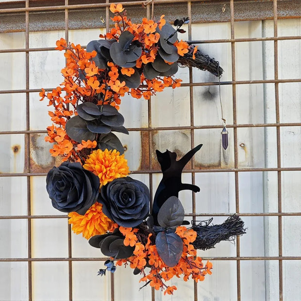 Black Rose & Cat-Inspired Crescent Halloween Wreath – Mystical Door Decor - wall decorations