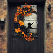 Black Rose & Cat-Inspired Crescent Halloween Wreath – Mystical Door Decor - wall decorations