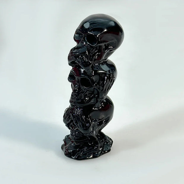 Black Stacked Skull Statue – Gothic Horror Decorative Piece for Dark and Alternative Decor - Black obsidian / 1pc