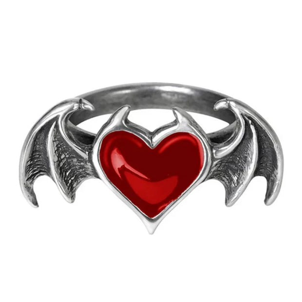 E15E for Vampire Bat Heart Wing Ring Black Red Color Alloy Gothic Punk Ring Female - Red