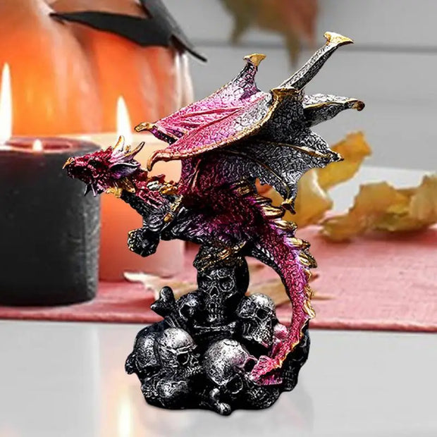 Fiery Red Dragon Statue on Skull Pile – Mystical Halloween and Fantasy Decor - Desktop decorations