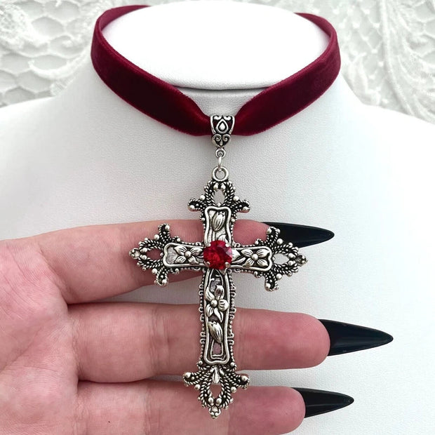 Goth Aesthetic Cross Red Velvet Choker Cross Pendant Necklace For Women Cute Chains grunge Choker collar indie collier