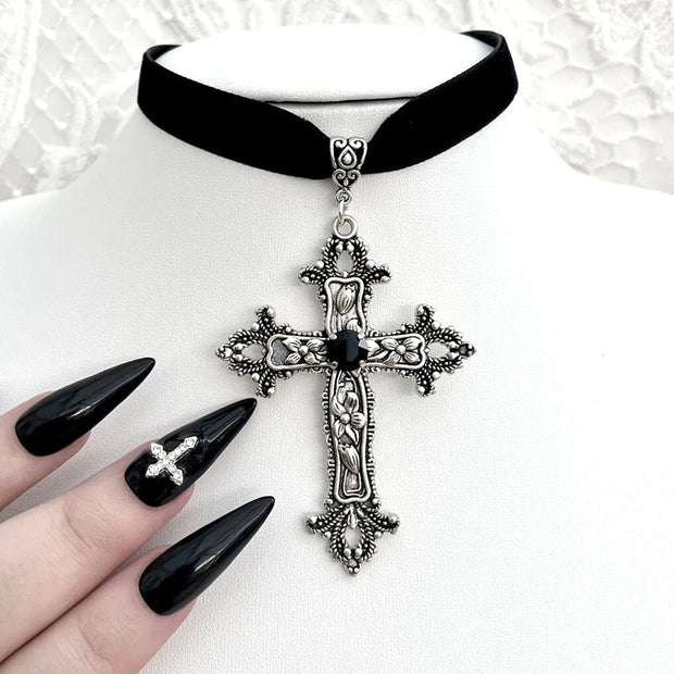 Goth Aesthetic Cross Red Velvet Choker Cross Pendant Necklace For Women Cute Chains grunge Choker collar indie collier