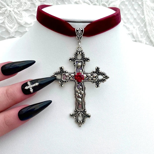 Goth Aesthetic Cross Red Velvet Choker Cross Pendant Necklace For Women Cute Chains grunge Choker collar indie collier