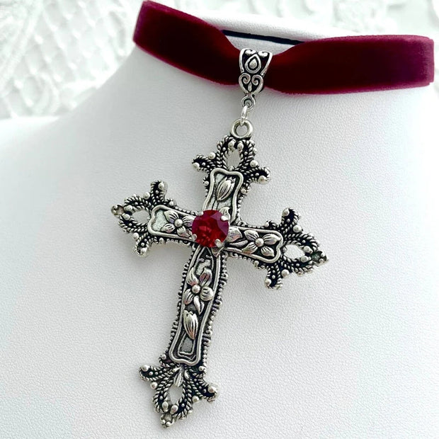 Goth Aesthetic Cross Red Velvet Choker Cross Pendant Necklace For Women Cute Chains grunge Choker collar indie collier