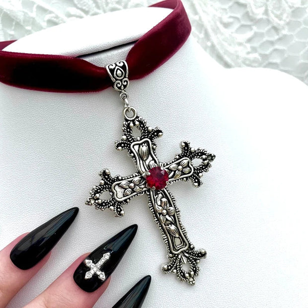 Goth Aesthetic Cross Red Velvet Choker Cross Pendant Necklace For Women Cute Chains grunge Choker collar indie collier