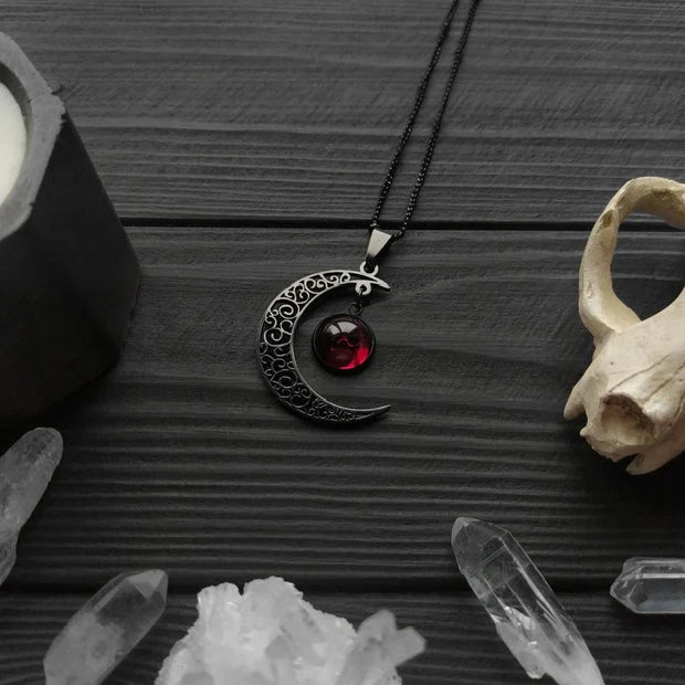 Goth Crescent Moon Necklace Dark Style Red Moon Pendant Wiccan Witch Style Macabre Amulet Halfmoon Luna Handmade