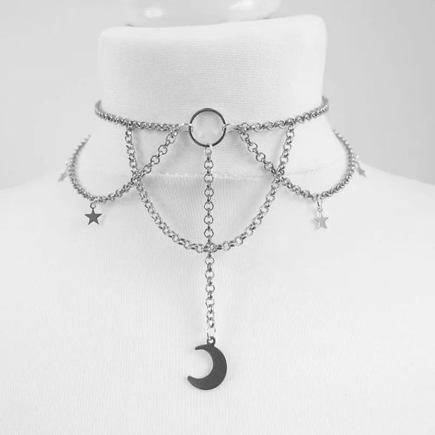 Goth Dainty Chain Crescent Moon and Stars Choker Witch Necklace Silver Colour Pendant Punk Jewelry Women Gift Fashion