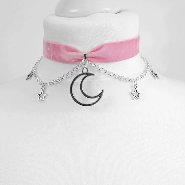 Goth Dainty Chain Crescent Moon and Stars Choker Witch Necklace Silver Colour Pendant Punk Jewelry Women Gift Fashion