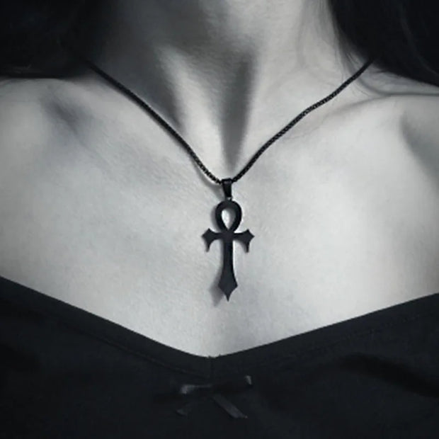 Goth Egyptian Cross Ankh Key of Life Necklace Stainless Steel Black Color Amulet Religious Necklaces Gothic Jewelry