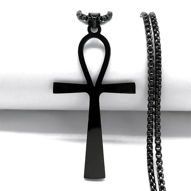 Goth Egyptian Cross Ankh Key of Life Necklace Stainless Steel Black Color Amulet Religious Necklaces Gothic Jewelry