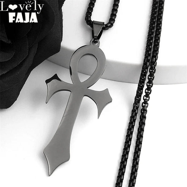 Goth Egyptian Cross Ankh Key of Life Necklace Stainless Steel Black Color Amulet Religious Necklaces Gothic Jewelry