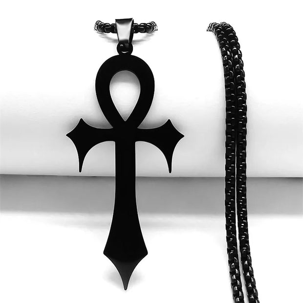 Goth Egyptian Cross Ankh Key of Life Necklace Stainless Steel Black Color Amulet Religious Necklaces Gothic Jewelry