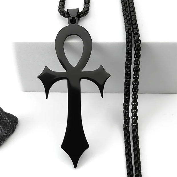 Goth Egyptian Cross Ankh Key of Life Necklace Stainless Steel Black Color Amulet Religious Necklaces Gothic Jewelry