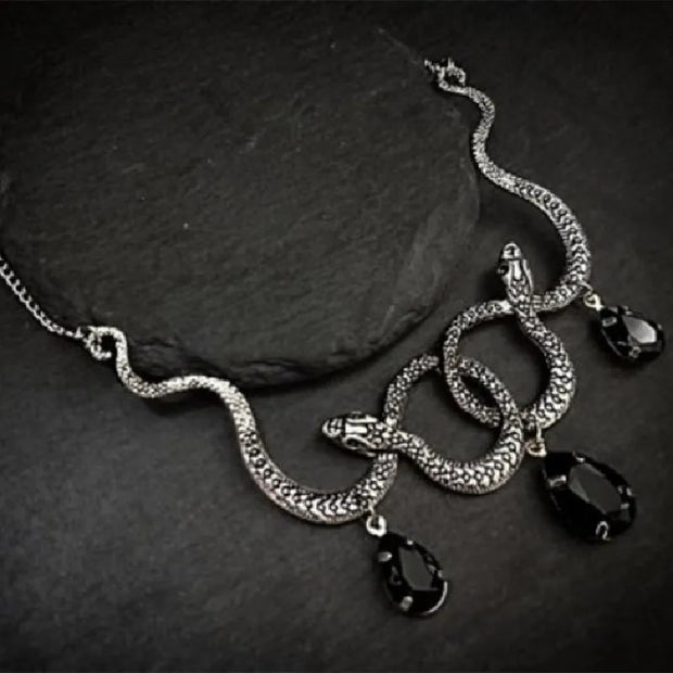 Goth Entwined Snakes Water Drop Crystal Necklace Gothic Punk Jewelry Statement Party Grunge Pendant Witcher Charm