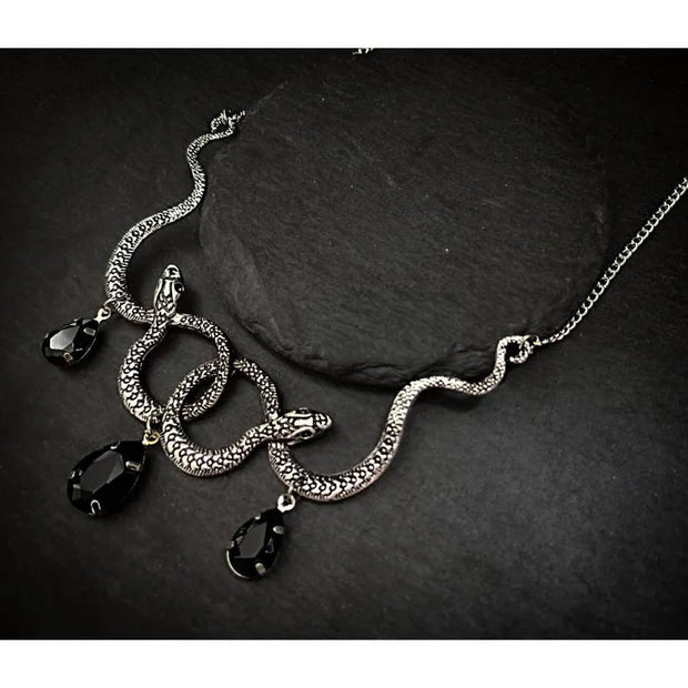 Goth Entwined Snakes Water Drop Crystal Necklace Gothic Punk Jewelry Statement Party Grunge Pendant Witcher Charm