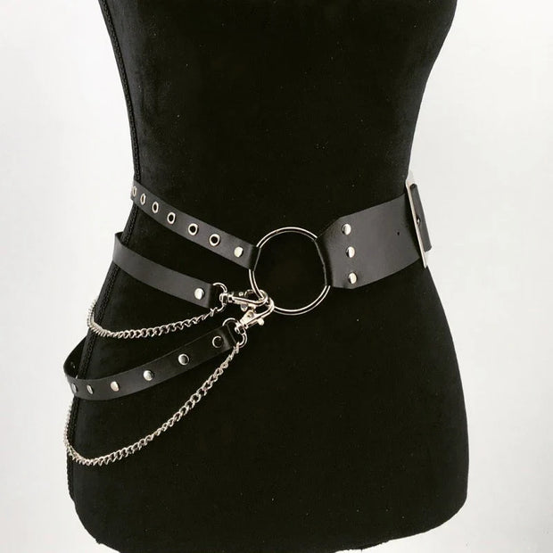 Goth Punk Corset Belt Adjustable Women Waist Metal Chain Skirt Leather Belts Harness Nightclub Hiphop Rock Sexy Dress