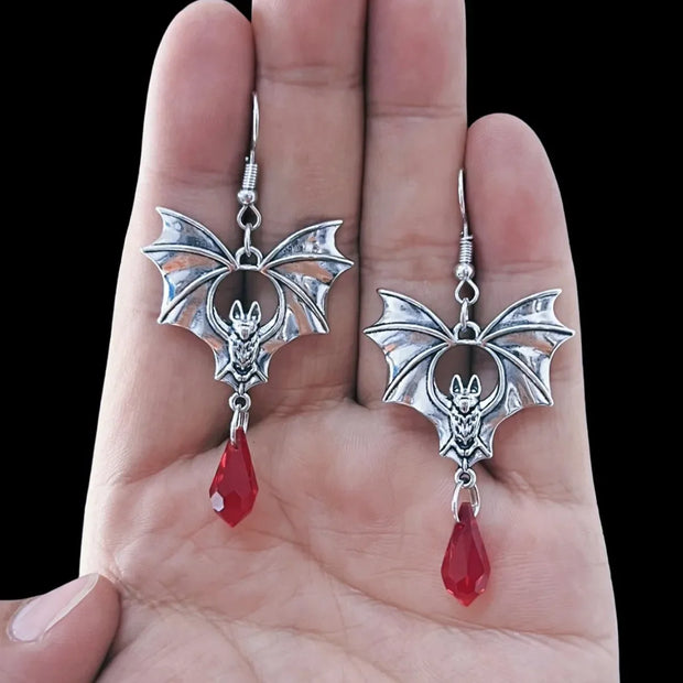 Gothic Vampire Bat Earrings For Women Man Fashion Pagan Witch Jewelry Accessories Red Crystal Vintage Bat Pendant Ear