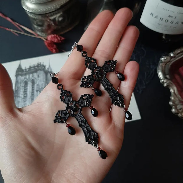 Gothic Black Cross Garnet and Crystal Chandelier Earrings Large Statement Trad Goth Witchy Jewelry Fashion Women Gift