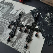 Gothic Black Cross Garnet and Crystal Chandelier Earrings Large Statement Trad Goth Witchy Jewelry Fashion Women Gift