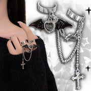 Gothic Black Demon Wings Cross Chain Ring Y2K Sweet Cool Girl Heart Rhinestone Finger Ring Opening Adjustable Rings