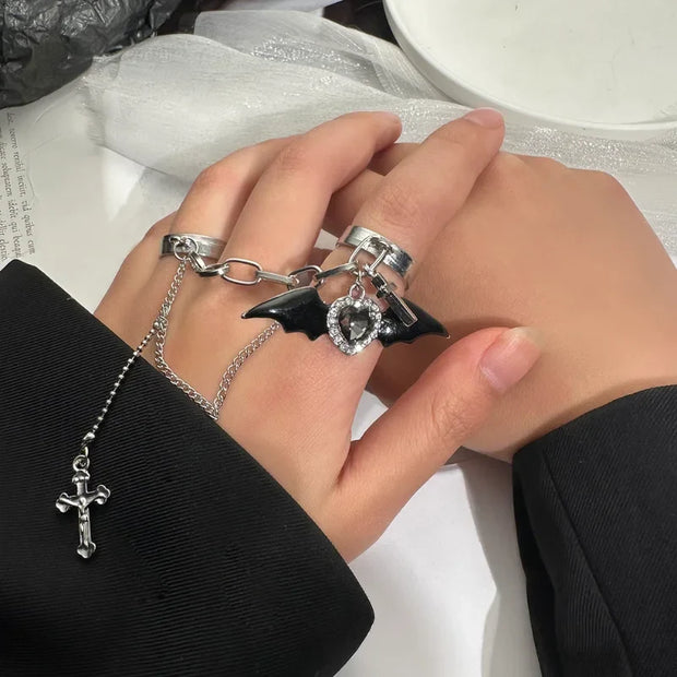 Gothic Black Demon Wings Cross Chain Ring Y2K Sweet Cool Girl Heart Rhinestone Finger Ring Opening Adjustable Rings