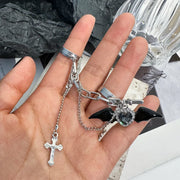 Gothic Black Demon Wings Cross Chain Ring Y2K Sweet Cool Girl Heart Rhinestone Finger Ring Opening Adjustable Rings