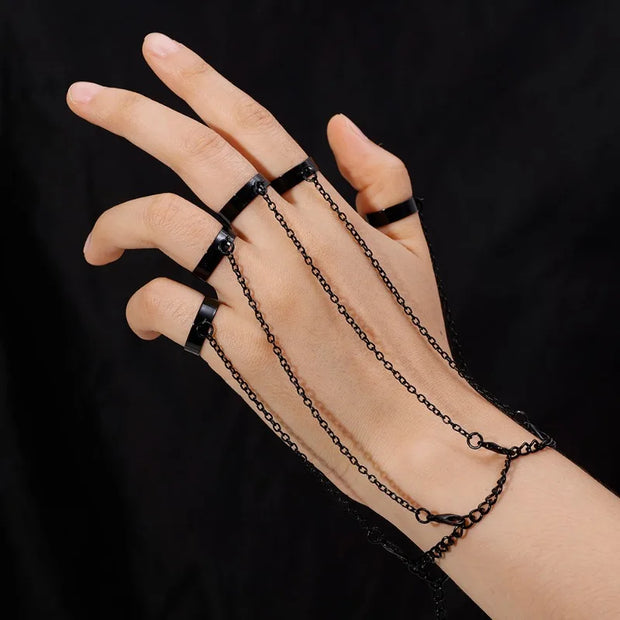 Gothic Black Ring Hand Harness - Statement Jewelry - black - Bracelet & bracelets