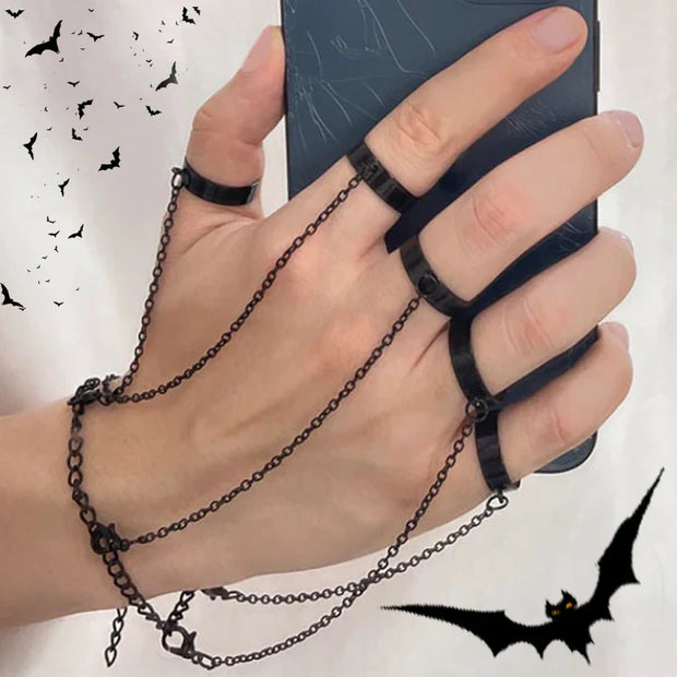 Gothic Black Ring Hand Harness - Statement Jewelry - black - Bracelet & bracelets