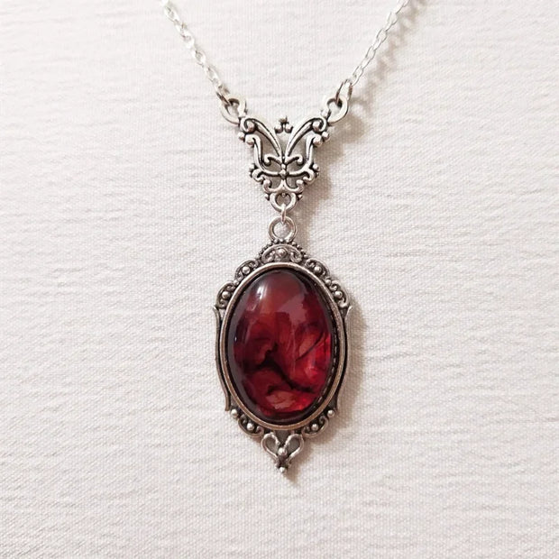 Gothic Blood Red Quartz Charm Necklace Butterfly Necklace For Women Vampire Embossed Witch Jewelry Accessories Vintage