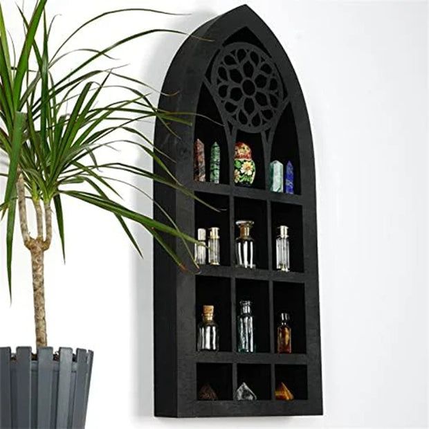 Gothic Cathedral Window Shelf – Gothic-Inspired Display Shelf for Crystals and Curios - Black - wall decorations