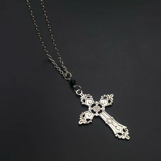 Gothic Cross Pendant Necklace – Vintage Silver Cross with Black Beads - 2 - pendant