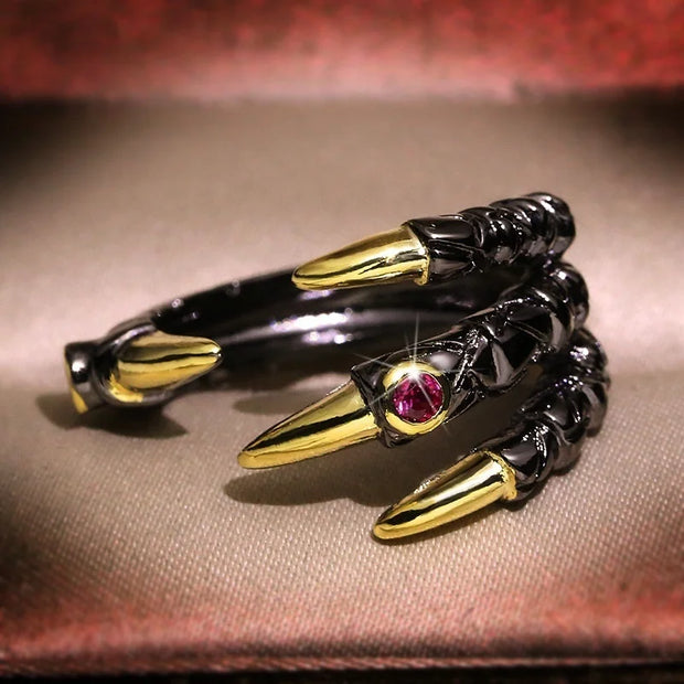 Gothic Dragon Claw Ring – Black and Gold Dragon Claw Ring with Red Gemstone for Alternative Fashion - ring