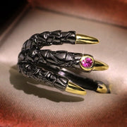 Gothic Dragon Claw Ring – Black and Gold Dragon Claw Ring with Red Gemstone for Alternative Fashion - ring