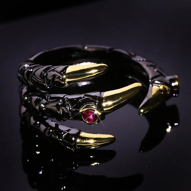 Gothic Dragon Claw Ring – Black and Gold Dragon Claw Ring with Red Gemstone for Alternative Fashion - Silver / 10 - ring