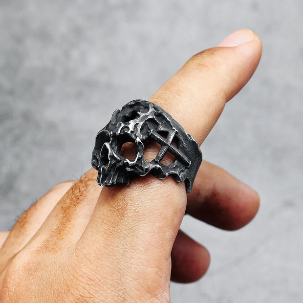 Hollow Skull Men Ring 316L Stainless Steel Weathering Cranium Rock HipHop Party for Biker Rider Male Boyfriend Jewelry