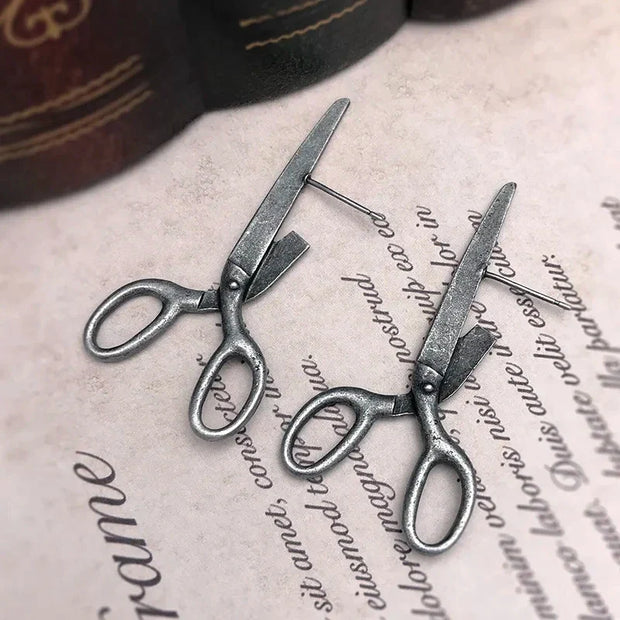 Gothic Imitation Scissors Exaggerate Stud Earrings For Men Women Goth Vintage Silver Color Halloween Jewelry Gift