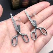 Gothic Imitation Scissors Exaggerate Stud Earrings For Men Women Goth Vintage Silver Color Halloween Jewelry Gift